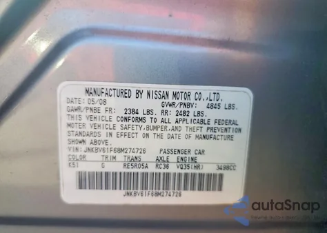 2008 Infiniti G35 z USA, uszkodzony, nr VIN JNKBV61F68M274726